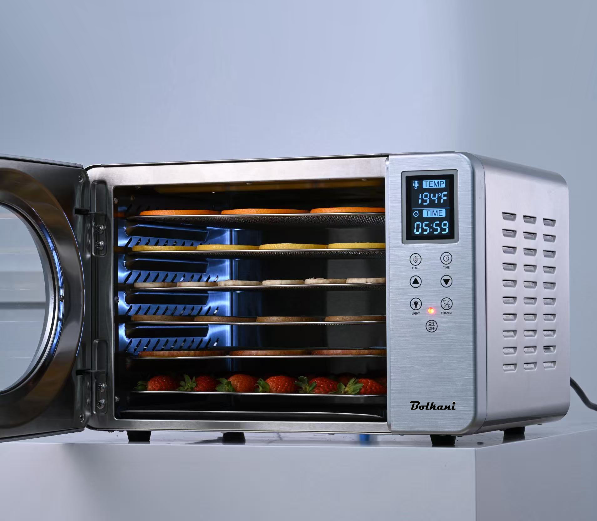 Bolkani Stainless Steel Food Dehydrator, 6 Dehydrating Trays, 500W, LED Display. 