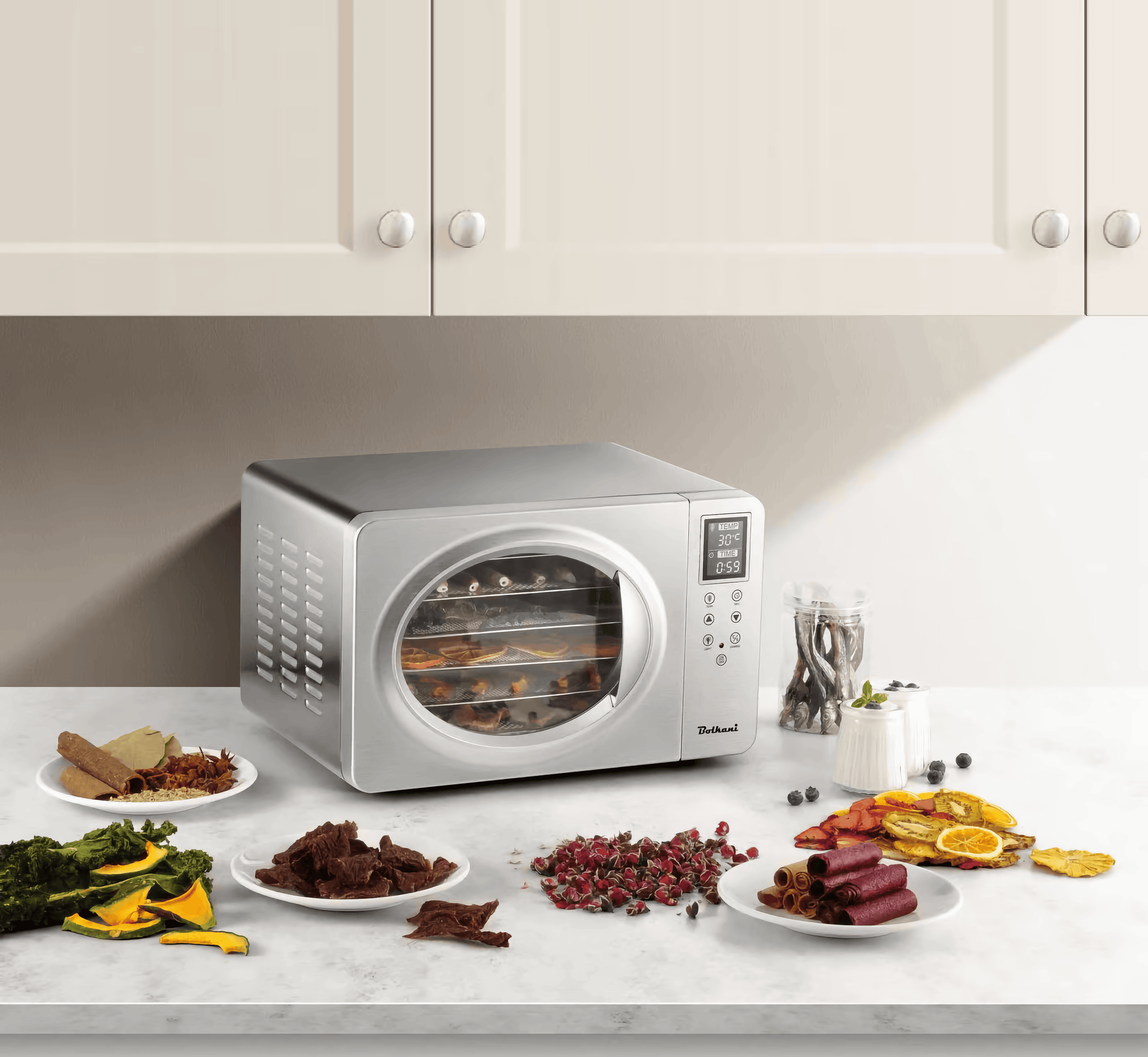 Bolkani Stainless Steel Food Dehydrator, 6 Dehydrating Trays, 500W, LED Display. 